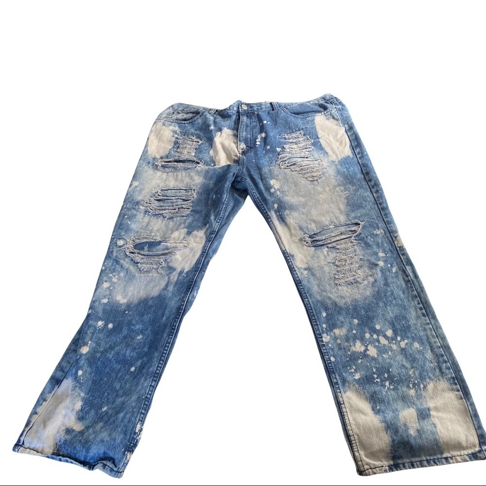 Lion Dynasty Men Medium Wash Denim Jeans Sz 44x31 Bleached Ripped Denim